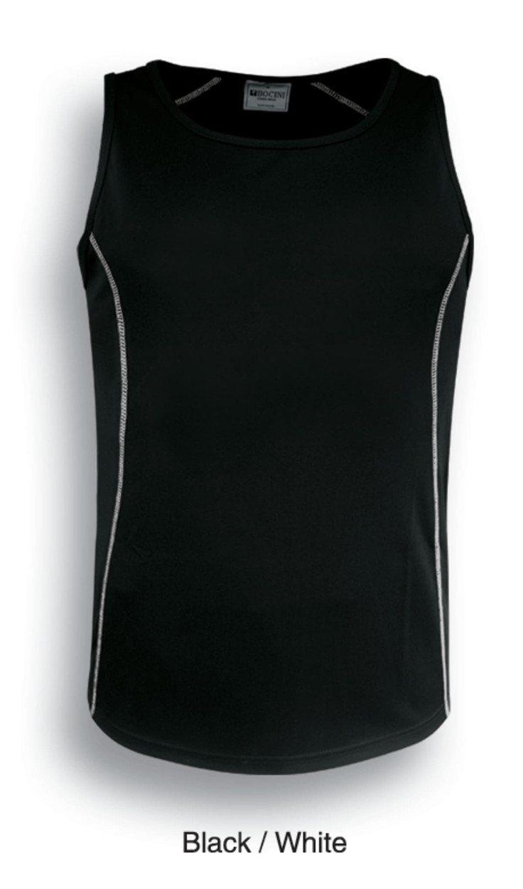 A black singlet with white detailing, featuring a branded logo on the front.