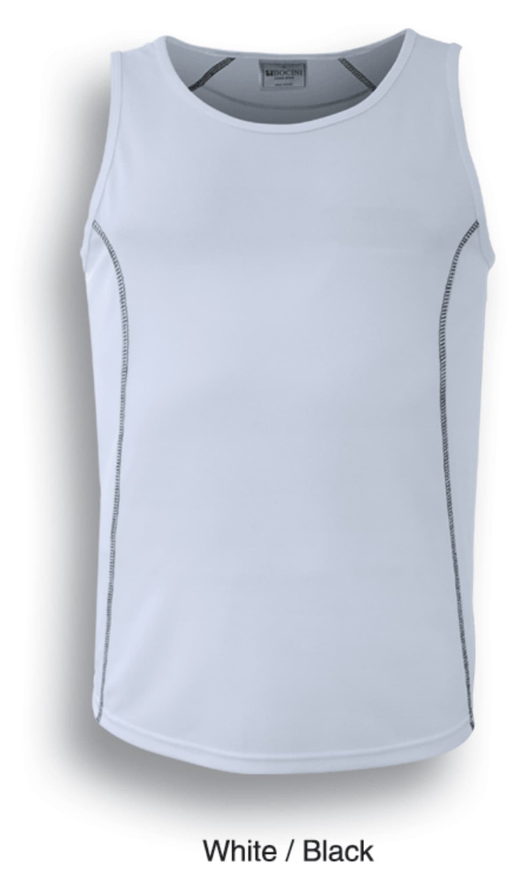A men's singlet in white with black stitching details and a branding logo.