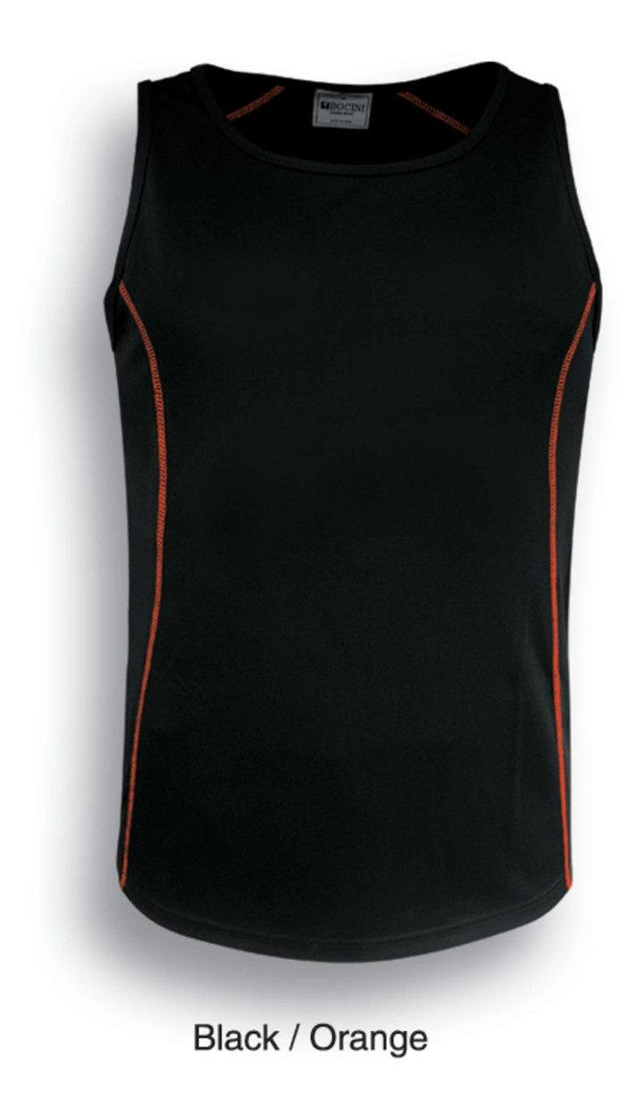 A black singlet with orange detailing and a logo, designed as a women's athletic top.