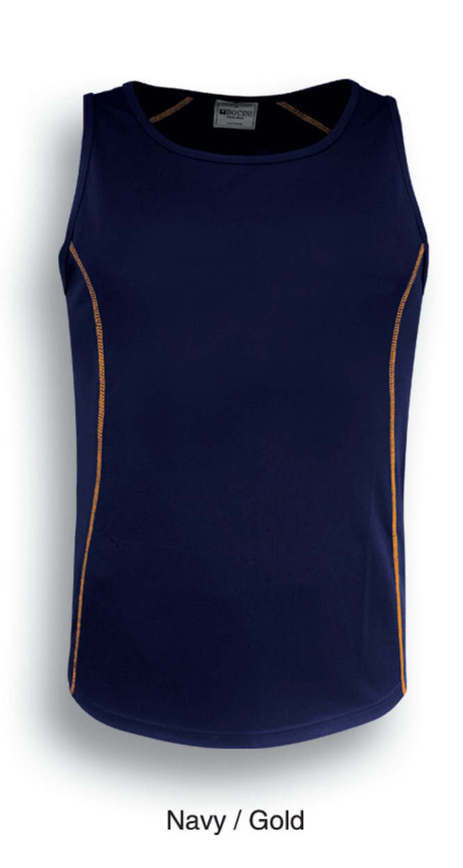 A navy singlet featuring gold accents, designed for kids, with a logo on the front.