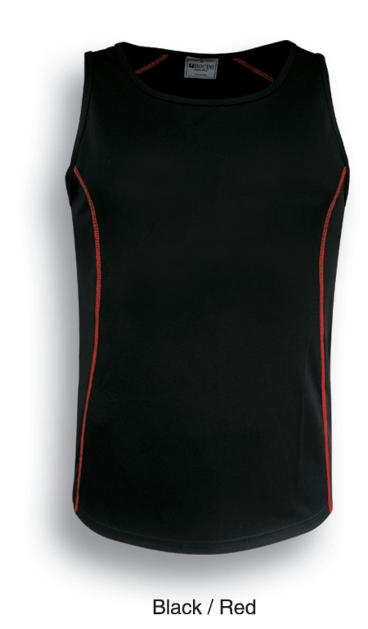 A black singlet with red accents and stitching, featuring a logo at the neckline.