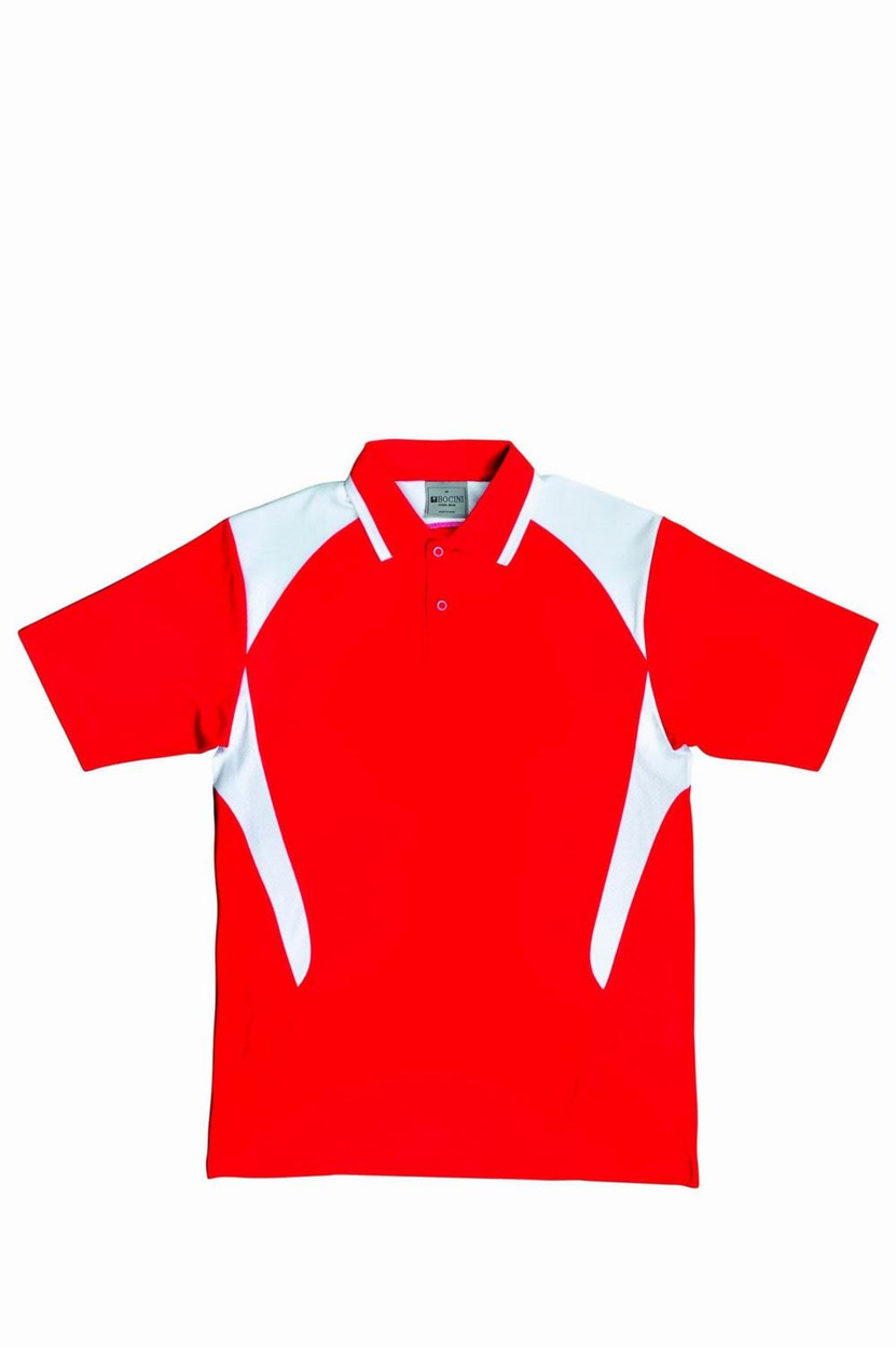 A red polo shirt featuring white contrast panels and a logo. Suitable for unisex adults.