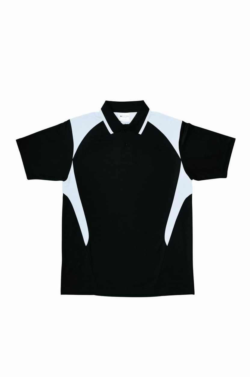 A black polo shirt featuring contrasting light grey panels and a collar. It includes a logo.