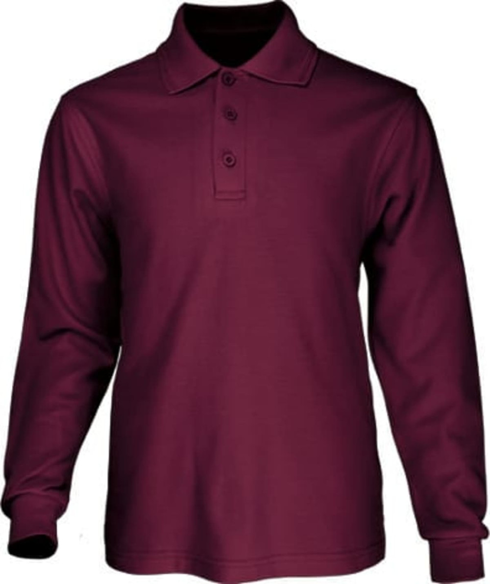A long sleeve polo shirt in burgundy with three buttons and a collar. It features a logo on the chest area.
