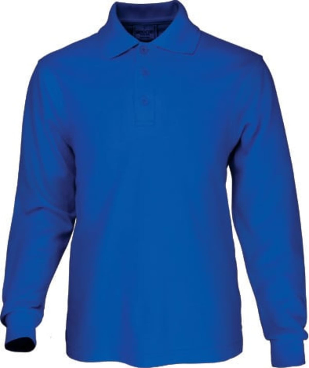 A blue long sleeve polo shirt featuring a collar and three-button placket, with a logo on the chest.