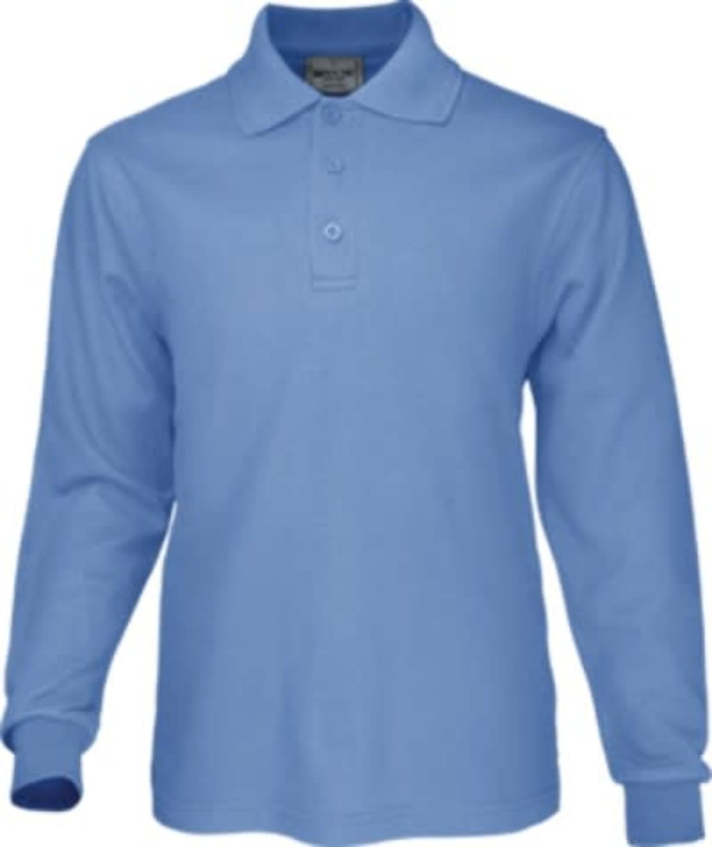A long sleeve polo shirt in a light blue colour with a collar and three buttons. Features a logo on the chest.