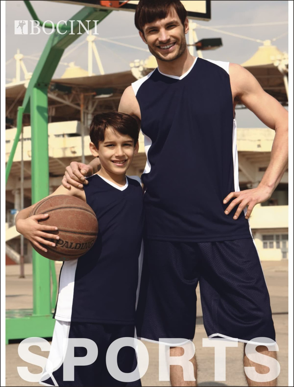 A navy blue basketball singlet with white accents, featuring a logo, worn by an adult and a child outdoors.