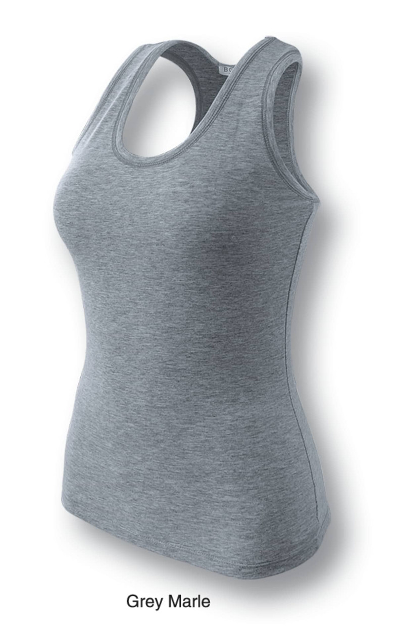 A grey marle ladies' gym singlet featuring a scoop neckline and a fitted design, with branding visible.