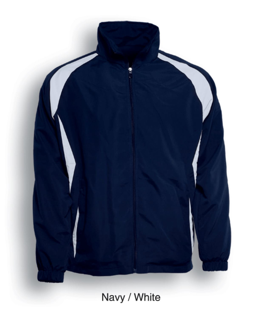 A navy and white unisex adults training track jacket featuring a front zipper and elastic cuffs.