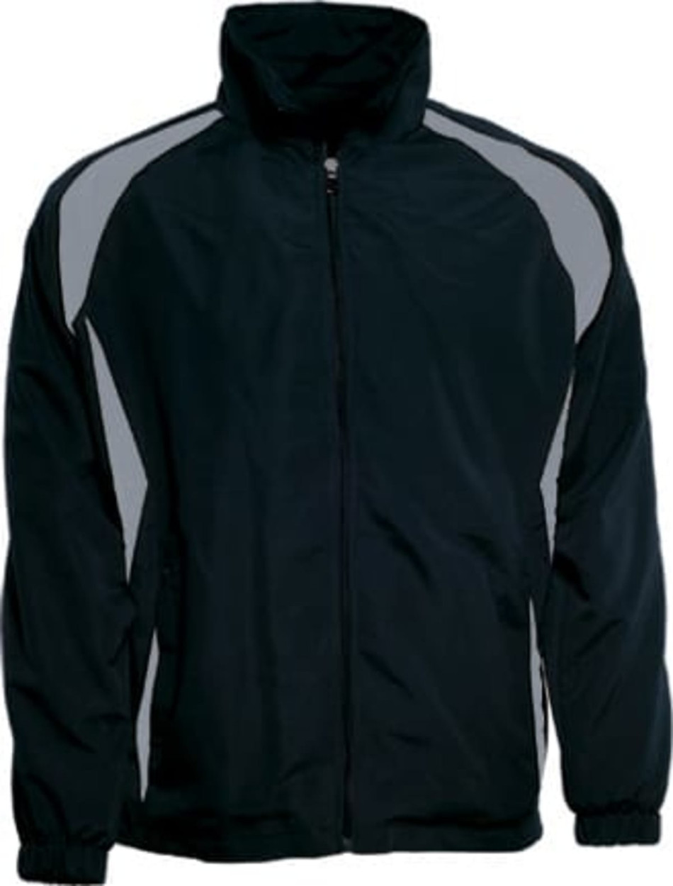 A black training track jacket with grey accents, featuring a full front zip and a high collar, includes a logo.