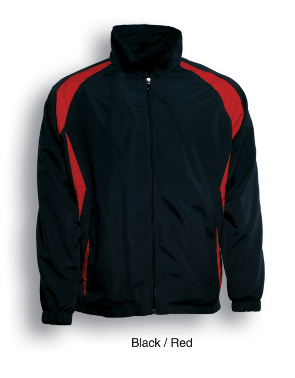 A track jacket in black with red accents, featuring a zip front and elastic cuffs. It has a logo on the chest.