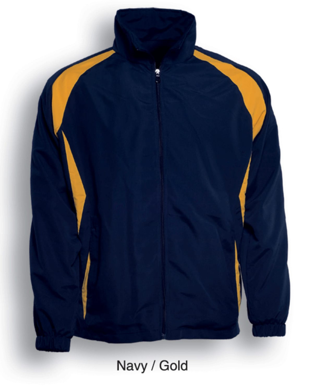 A navy and gold kids training track jacket with a zip, featuring contrasting panels and a collar.