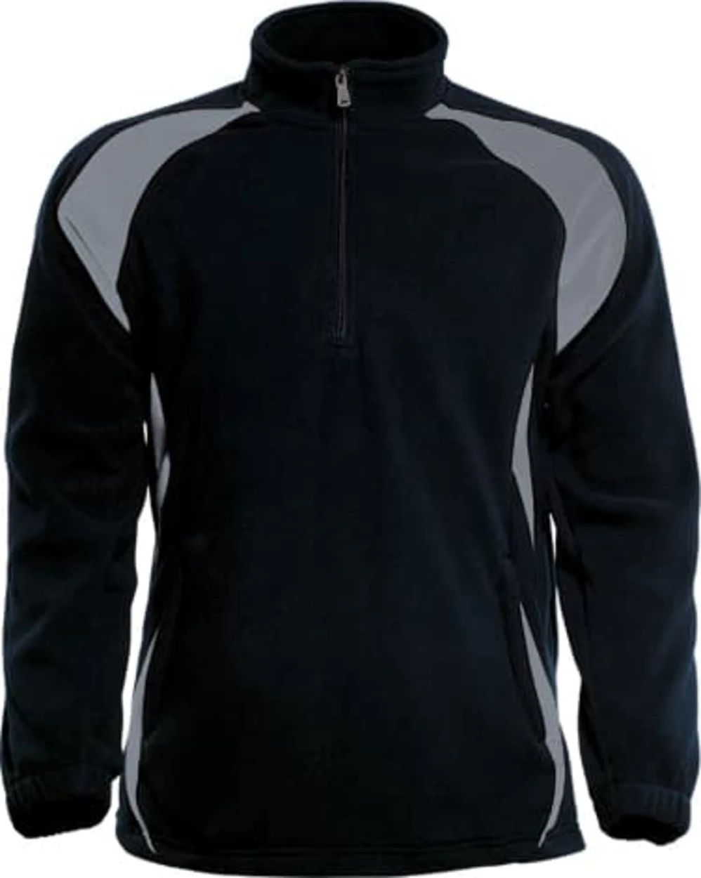 A black unisex adults 1/2 zip fleece pullover featuring grey accents and a zipped collar.