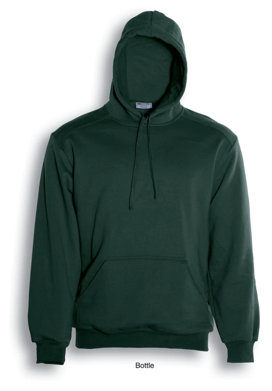 A green kids' pull-over hoodie featuring a front pocket and a drawstring hood. It has a logo on the front.
