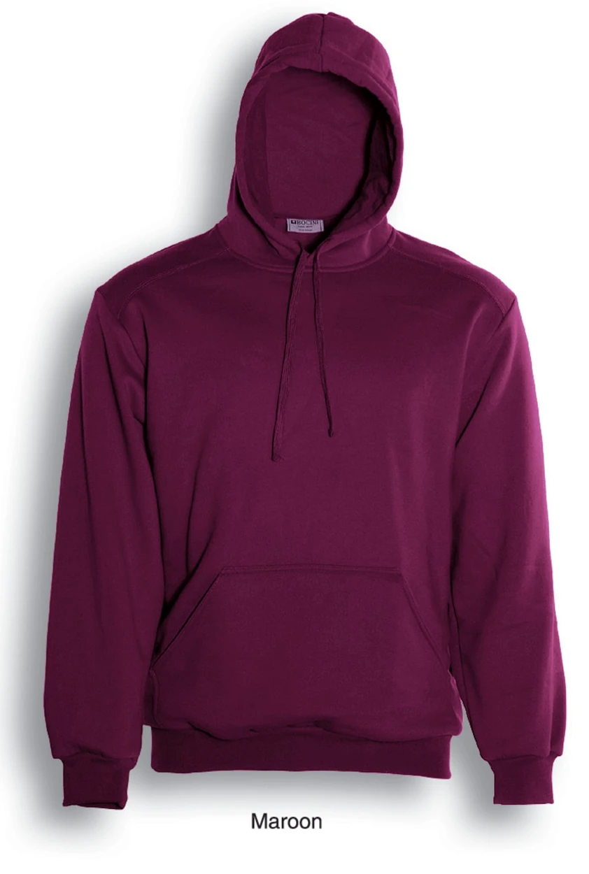 A maroon kids pull over hoodie featuring a front pocket and a hood, showcasing a simple design with a logo.