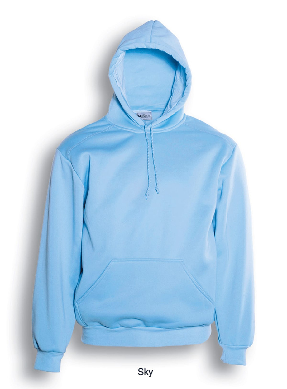 A sky blue kids' pull over hoodie with a front pocket and a hood, featuring a logo.