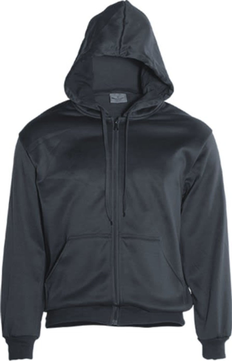 A black fleece hoodie with a zip front and a hood, featuring side pockets and a logo.