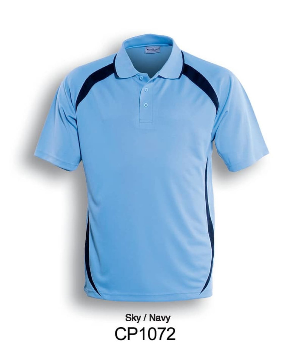A sky blue and navy unisex polo shirt featuring a contrast contour design and a logo.