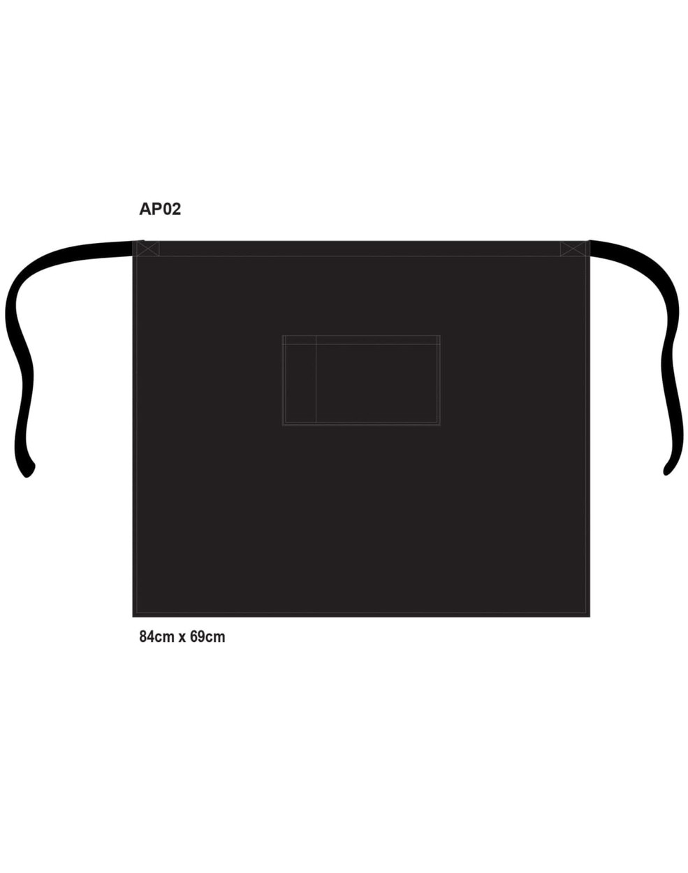 A black short waist apron with ties and a pocket, measuring 84cm x 69cm, featuring a logo.