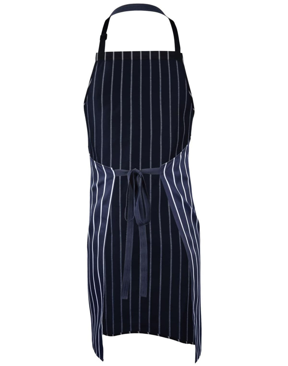 A navy blue butcher's apron featuring vertical stripes and a tie at the waist. It has a logo.