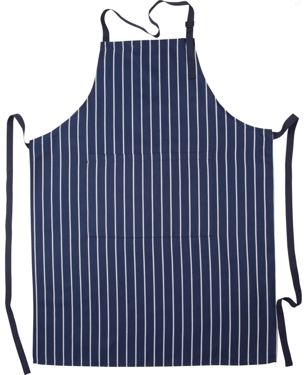 A navy and white striped apron with a front pocket and long ties for adjustment. Features a logo.