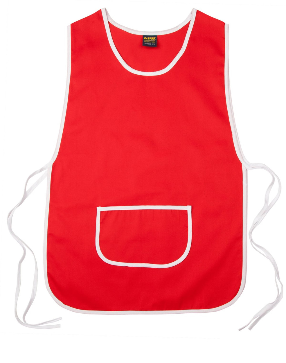 A red ladies' smock apron with white trim and a front pocket, featuring ties on the sides and a logo.