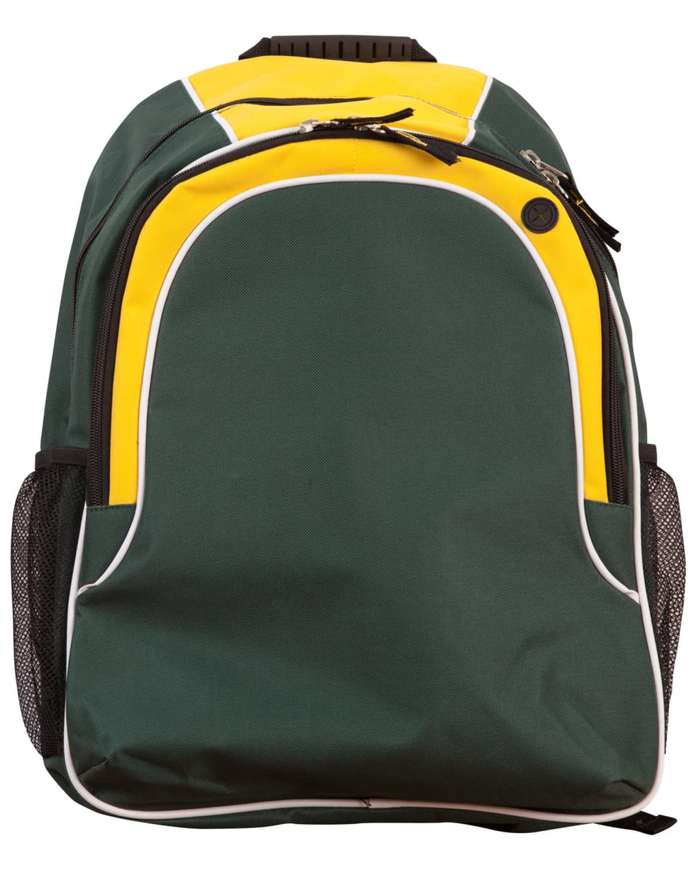 A green and yellow backpack with a zippered main compartment and mesh side pockets, featuring a logo.