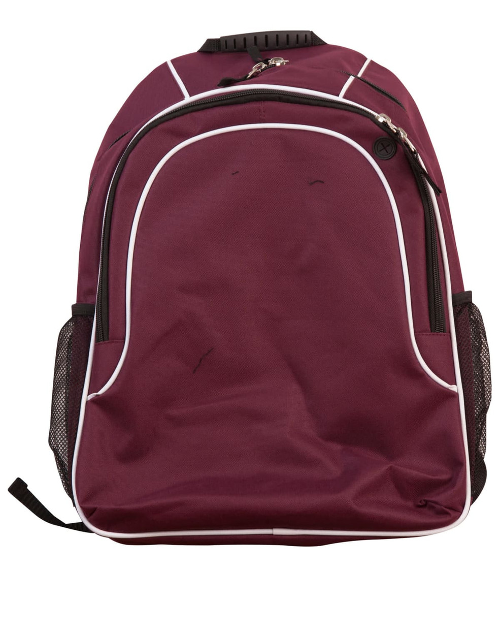 A burgundy backpack with white accents and mesh side pockets, featuring a zipper and a logo.