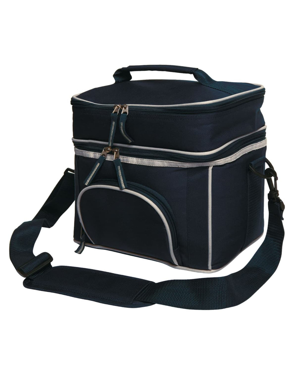 A navy blue travel cooler bag with a zippered top, adjustable shoulder strap, and front pocket. It features a logo.