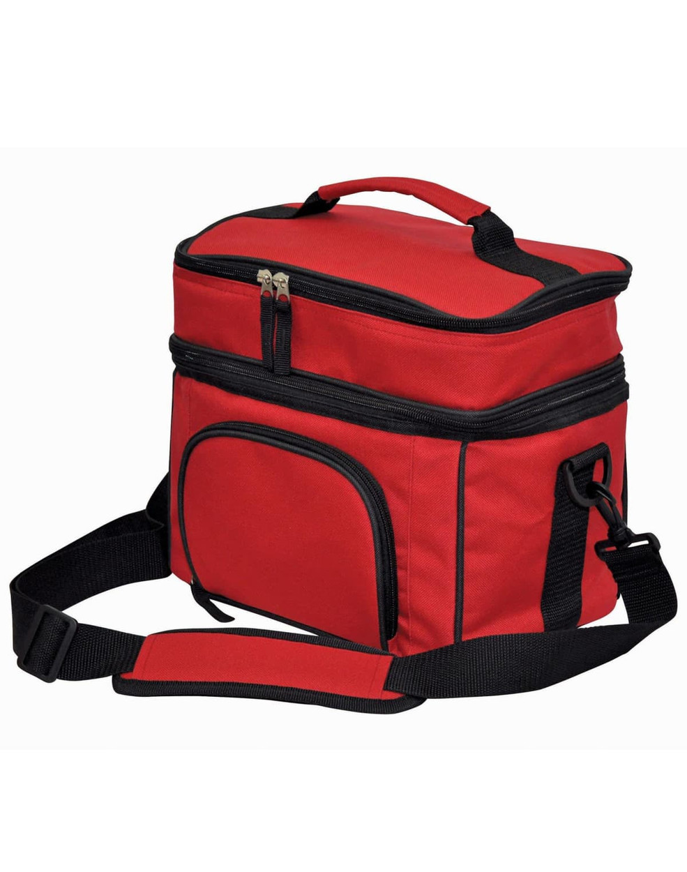 A red travel cooler bag with a black strap and zippers, featuring a front pocket and sturdy handles.