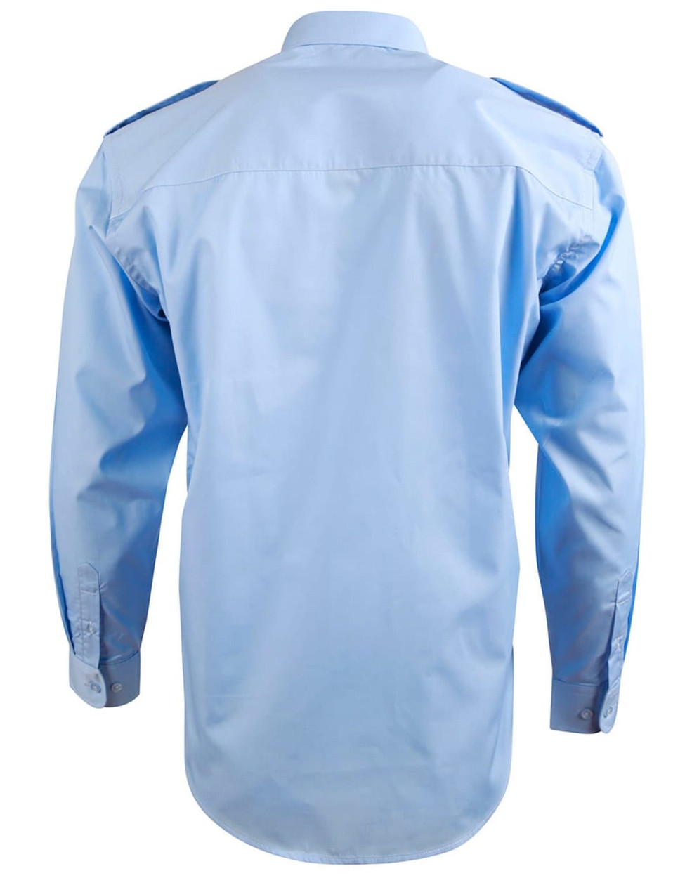 A blue long sleeve button-up shirt featuring epaulettes and a structured back. It has a logo on the collar.