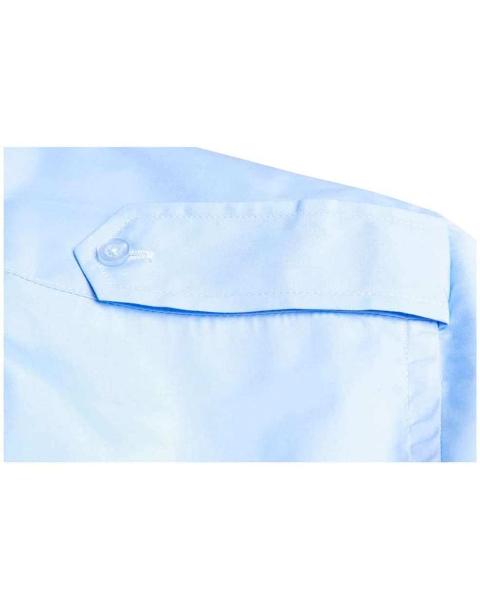 A light blue button-up shirt featuring an epaulette detail and a small logo on the shoulder.