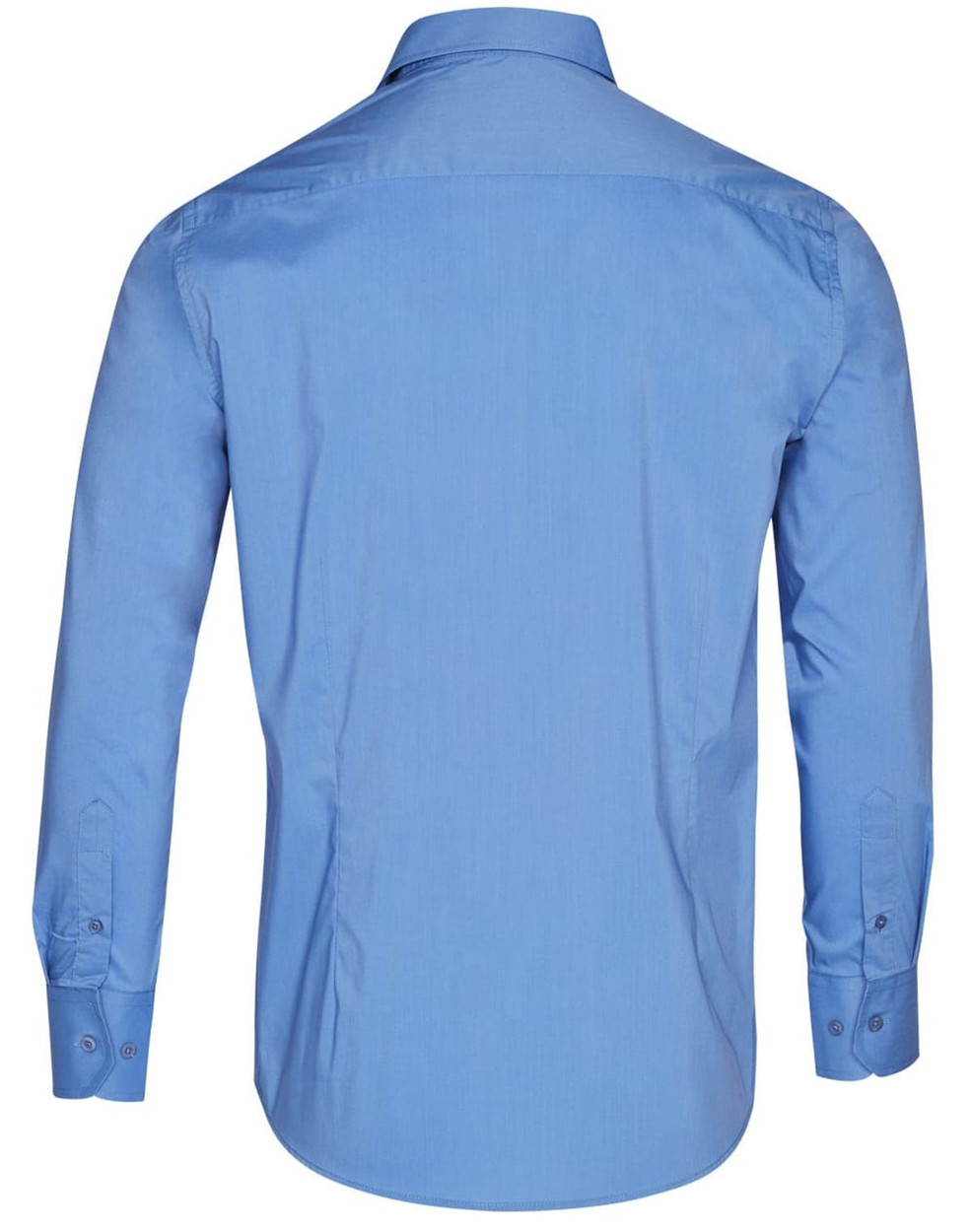 A blue long sleeve button-up shirt with a plain back, featuring a logo on the collar area.