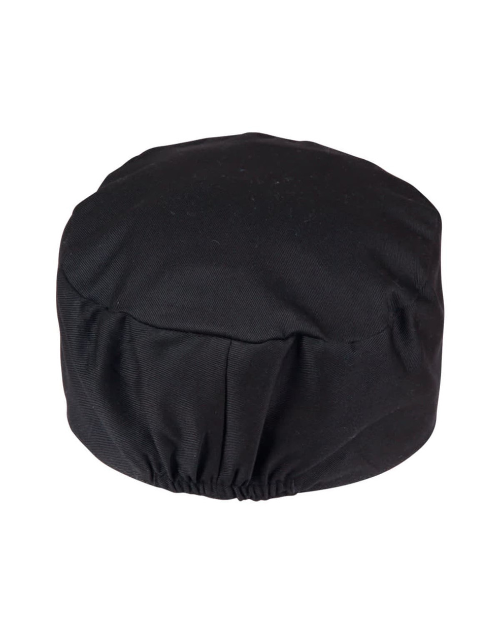A black Chef's Cap featuring an elasticated band for a secure fit and a rounded top design.