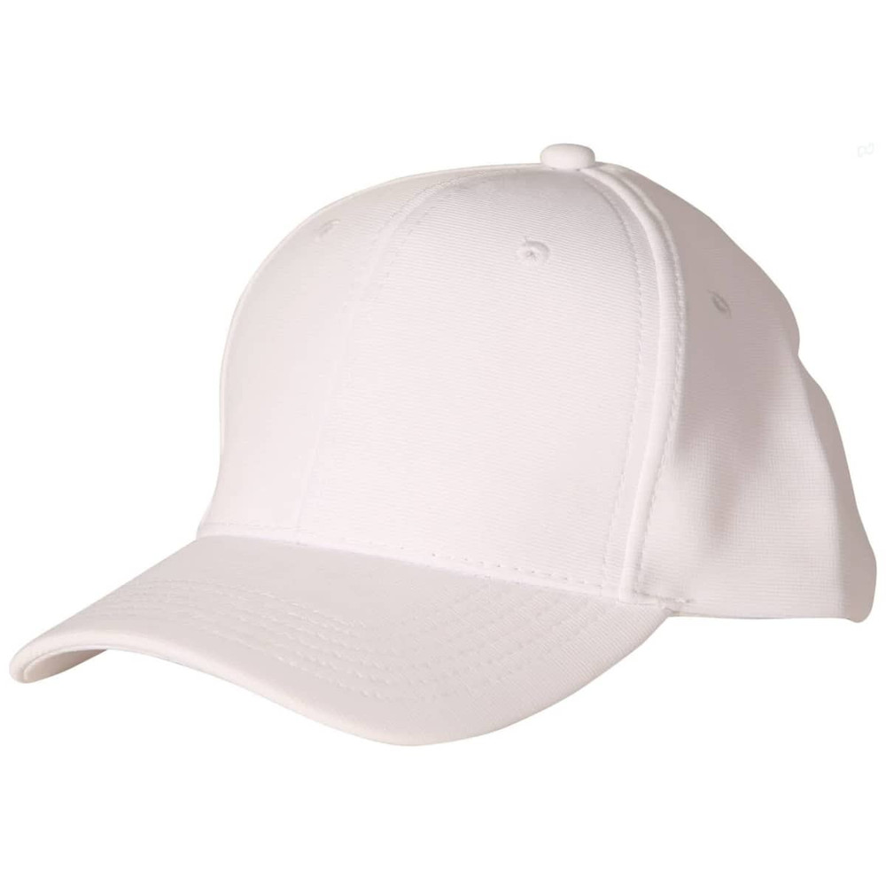 A white Ottoman cap with a curved brim and a rounded crown, featuring ventilation eyelets and a logo.