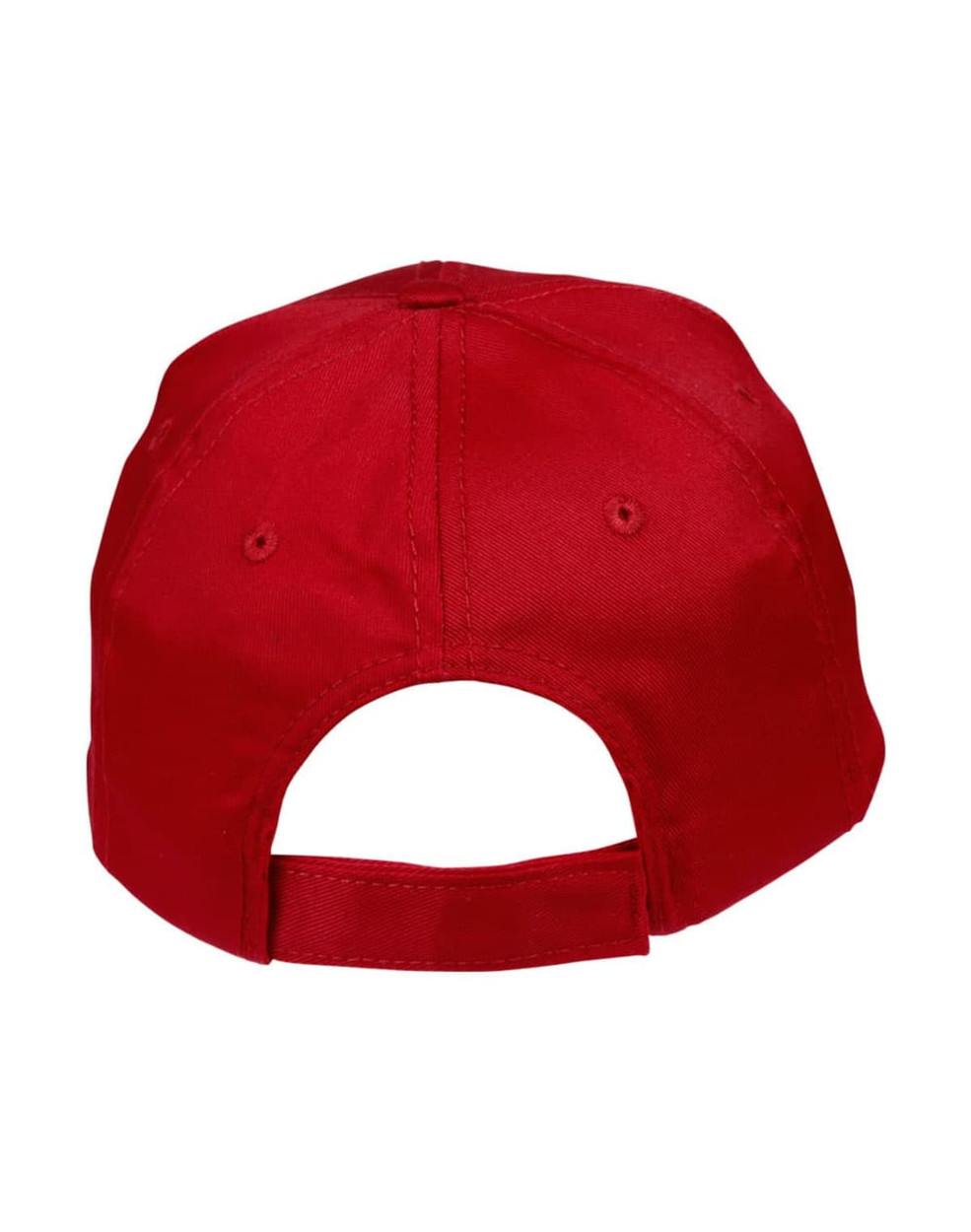 A red polycotton twill cap featuring an adjustable strap and a round back. It has a logo on the back.