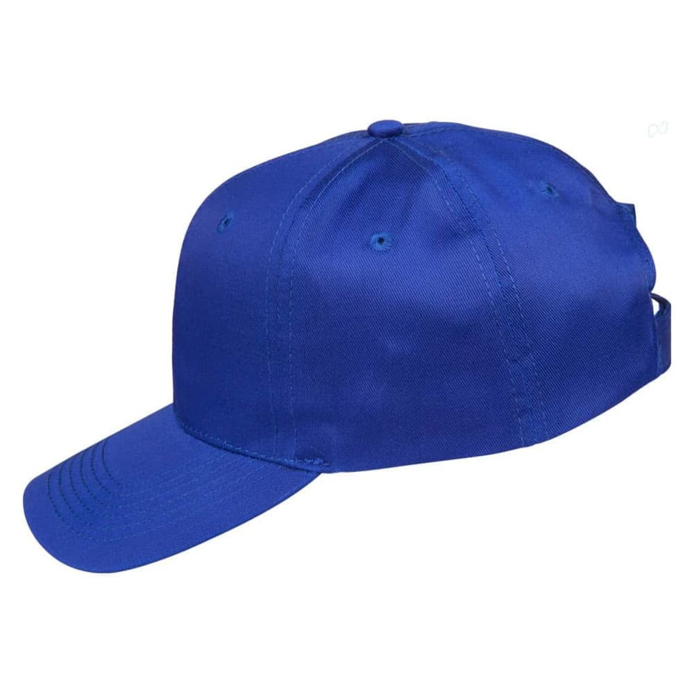 A blue polycotton twill cap featuring a straight peak and an adjustable strap at the back. It has a logo.