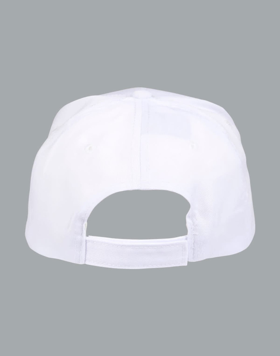 A white polycotton twill cap featuring an adjustable back strap and a logo on the side.