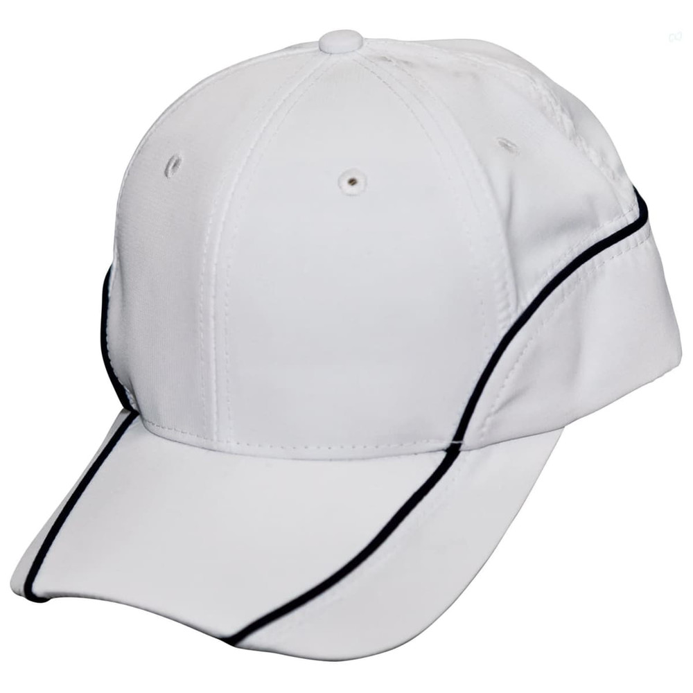 A white cap with contrast black lining and a pre-curved brim. It features ventilation holes and a logo.