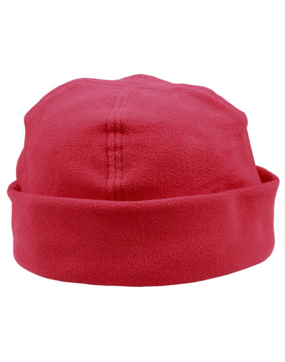 A red polar fleece beanie with a folded cuff and a plain design, featuring a logo.