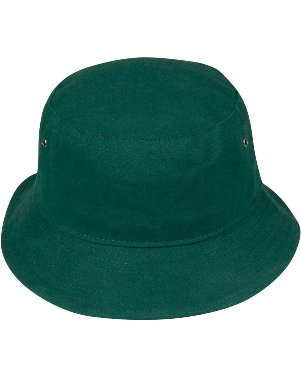 A green bucket hat with a plain design and ventilation eyelets. It features a simple, unembellished style.