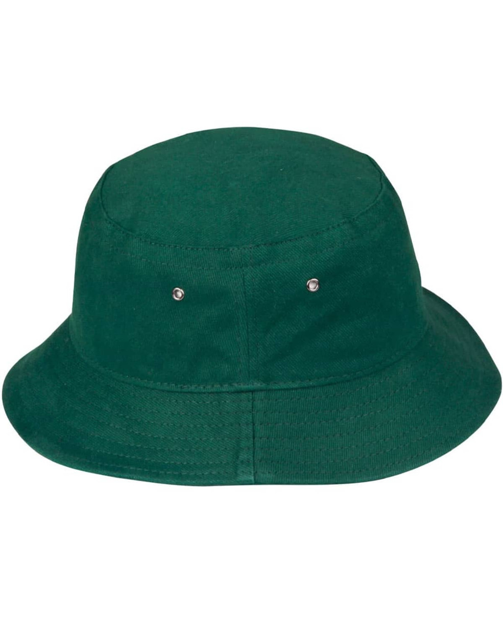 A green H/B/C bucket hat featuring a rounded crown and a wide brim, with metal snap details.