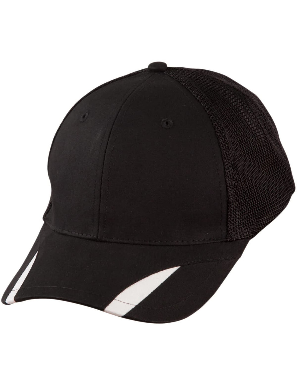 A black cap with a mesh back and white trim detailing, featuring a logo branding.