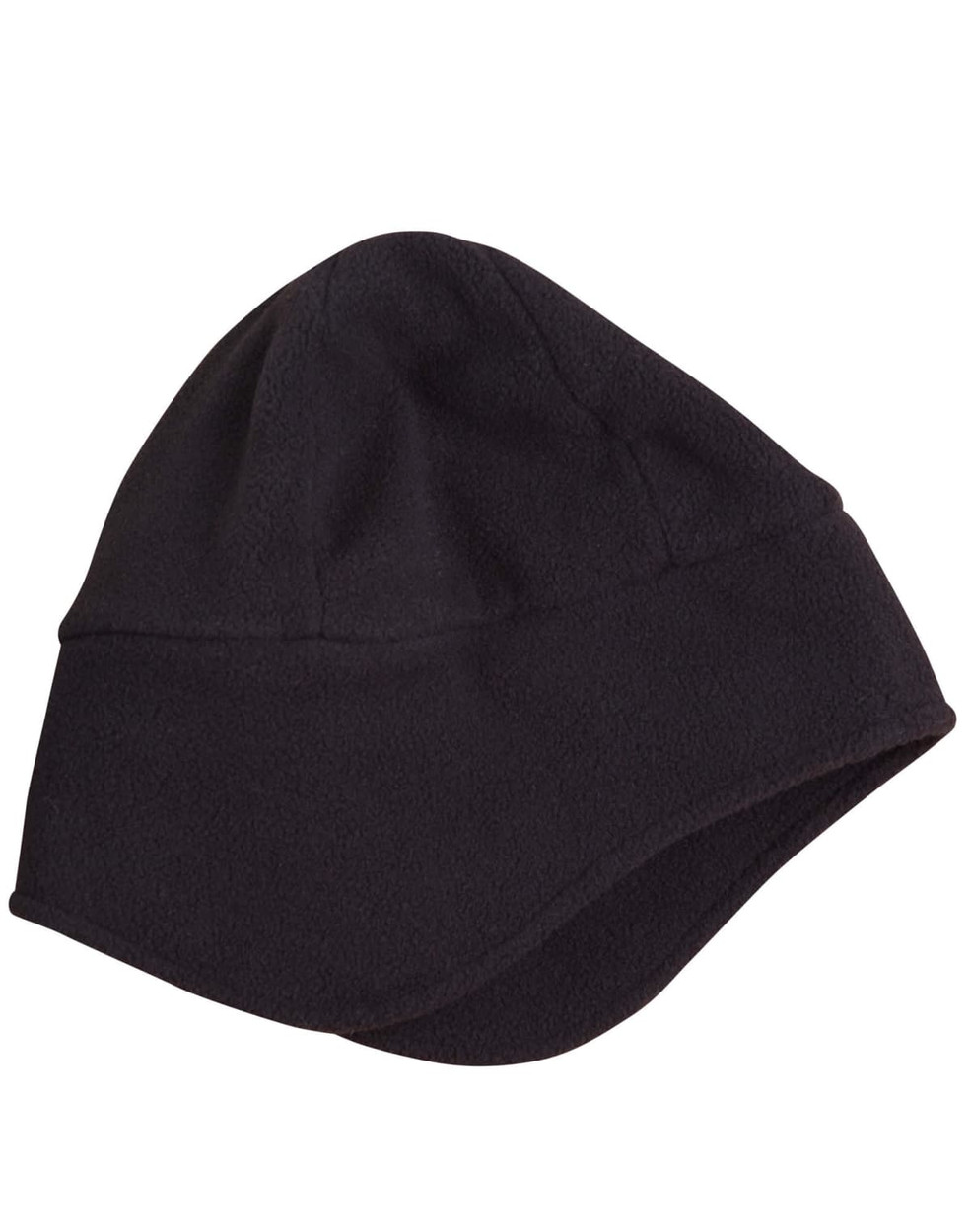 A black polar beanie with ear covers, made from soft fleece material. It features a simple, unadorned design.
