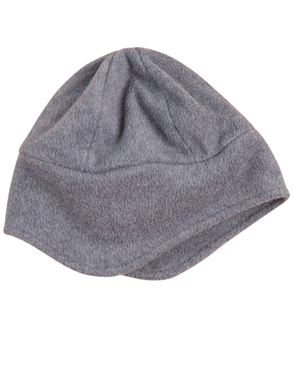 A grey polar fleece beanie with ear cover design, featuring a simple, unadorned style and no visible branding.