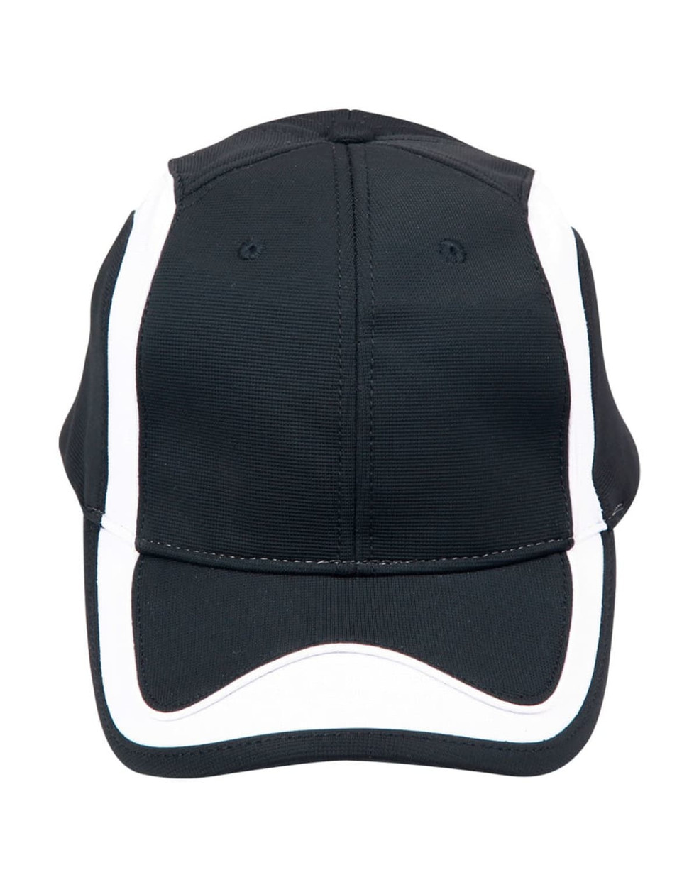A black cap with white accents and a logo, featuring a structured design and curved brim.