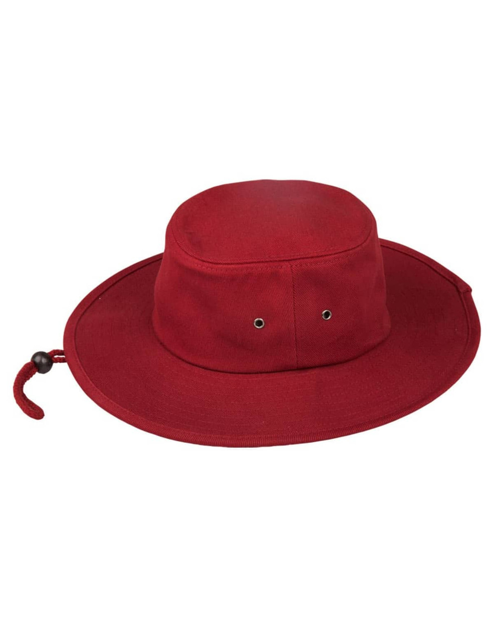 A red bucket hat with a wide brim, featuring ventilation eyelets and an adjustable chin strap.