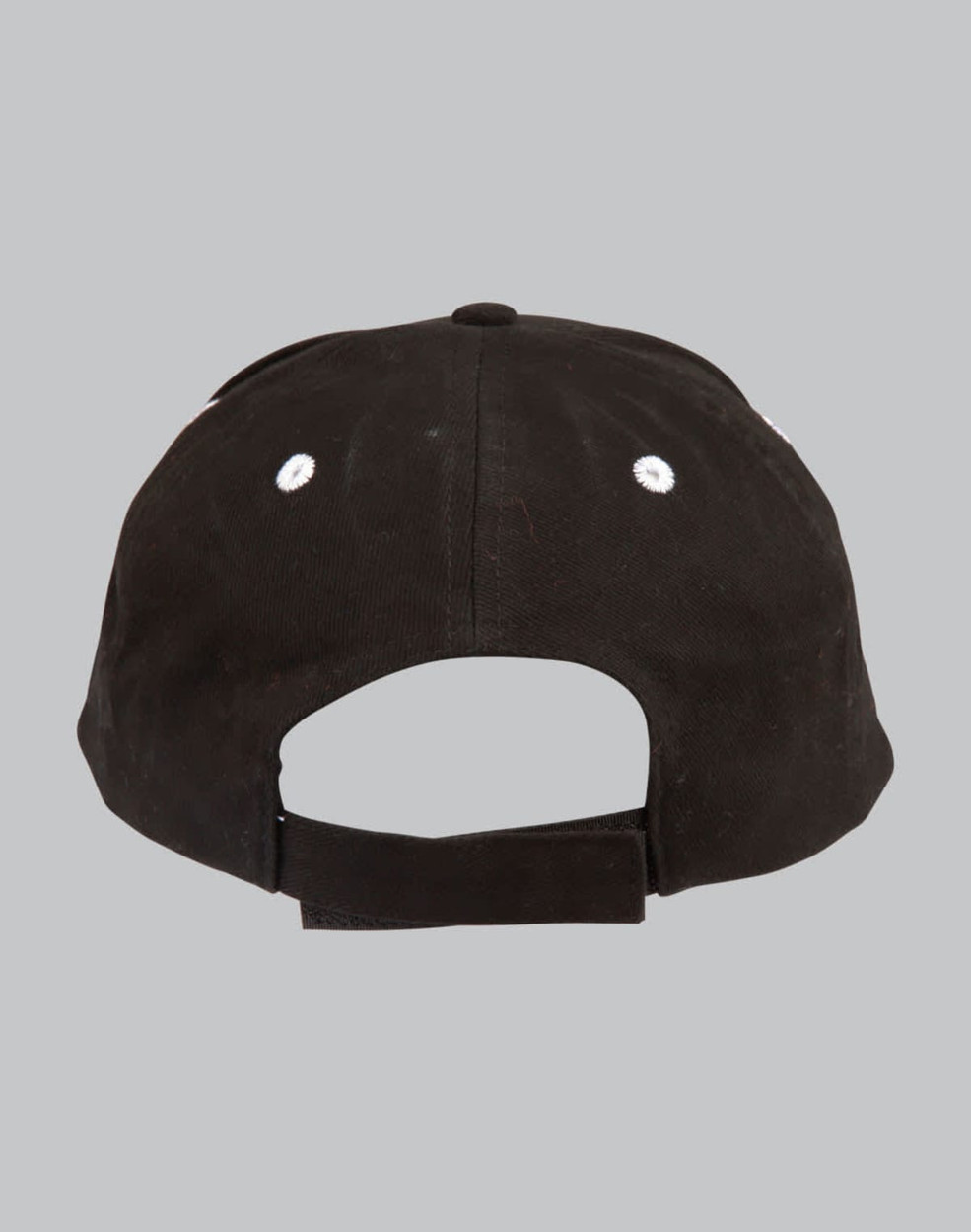 A black structured cap featuring contrast stitching and a back adjustment strap. It has ventilation holes.