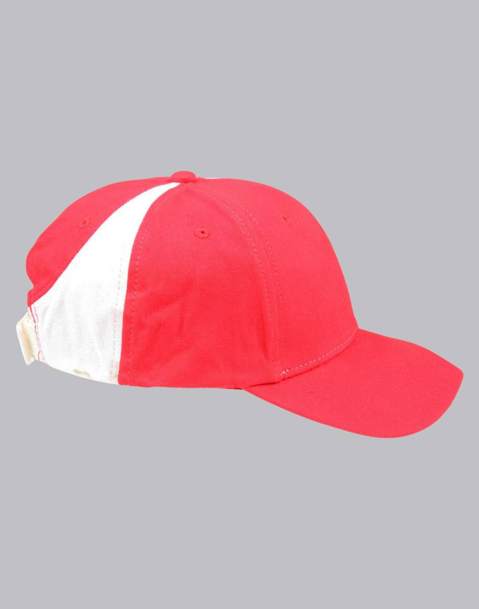 A red and white baseball cap with a curved brim and an adjustable strap at the back. It features a logo.