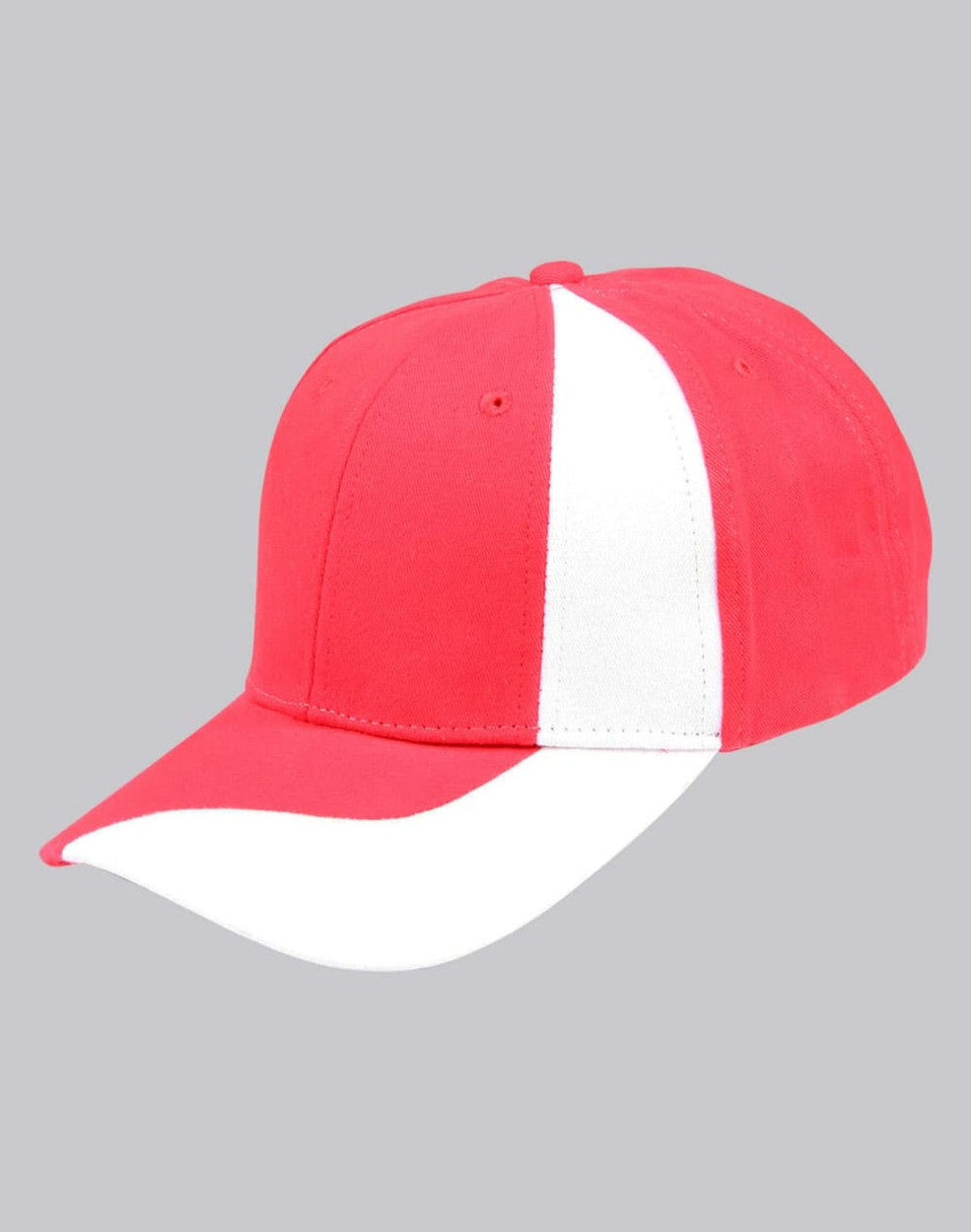 A red baseball cap with a white stripe, featuring a curved brim and a logo on the front.